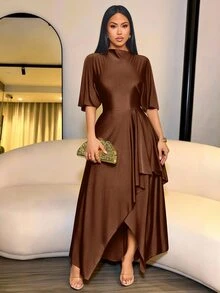 SOLERSUN Women's Summer Autumn Fashion Elegant Sage Green Draped Neck Long Dress With Ruffle Short Sleeves, Cinched Waist And Asymmetrical Ruffle Hem, Suitable For Daily Wear, Dating And Party - Coffee Brown - View 8