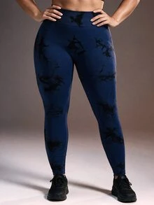 Powerista Women's Plus Size Navy Blue Seamless Tie Dye High Waist Leggings For Women Performance Active Wear With Ribbed Details Suitable For Gym - Navy Blue - View 4