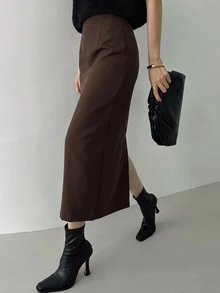 DAZY 女款純色優雅通勤直筒開衩裙 秋季 - 卡其色 - 查看 1