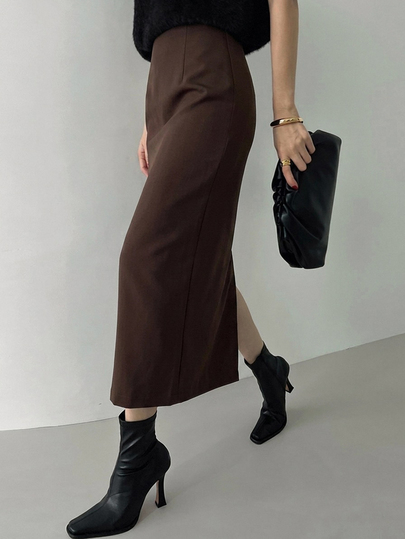 DAZY Women's Solid Color Elegant Commute Straight Slit Skirt Fall