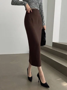 DAZY 女款純色優雅通勤直筒開衩裙 秋季 - 卡其色 - 查看 2