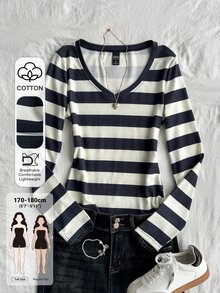 Dazy Tall Women's Small V-Neck Long Sleeve Striped Base Layer Casual T-Shirt - Black and White - View 1
