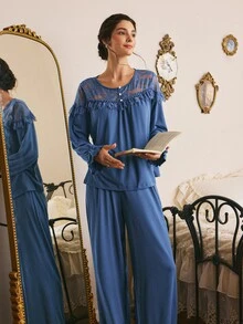 Côtesoire Women's French Elegant Lace Patchwork Long Sleeve Long Pants Pajama Set - Teal Blue - View 5