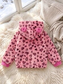 SHEIN Genkimix Kids 女童秋冬休閒時尚豹紋抓絨拉鍊連帽開襟外套 - 粉色 - 查看 2
