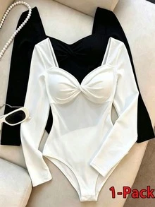 Resyla Women's Solid Color Pleated Casual Versatile Daily Long Sleeve Bodysuit - White - View 1