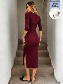 Easowa 女款純色圓領短袖修身優雅中長洋裝 - 酒紅色 - 查看 8
