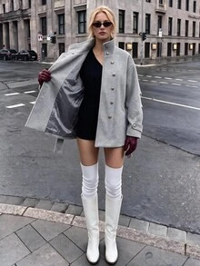 Struktiv Classic Grey Double-Breasted Belted Wool Coat - Grey - View 4