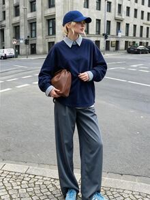 Struktiv Casual Striped Collar Mock Layered Sweatshirt Oversized Long Sleeve Pullover Top For Women - Navy Blue - View 1