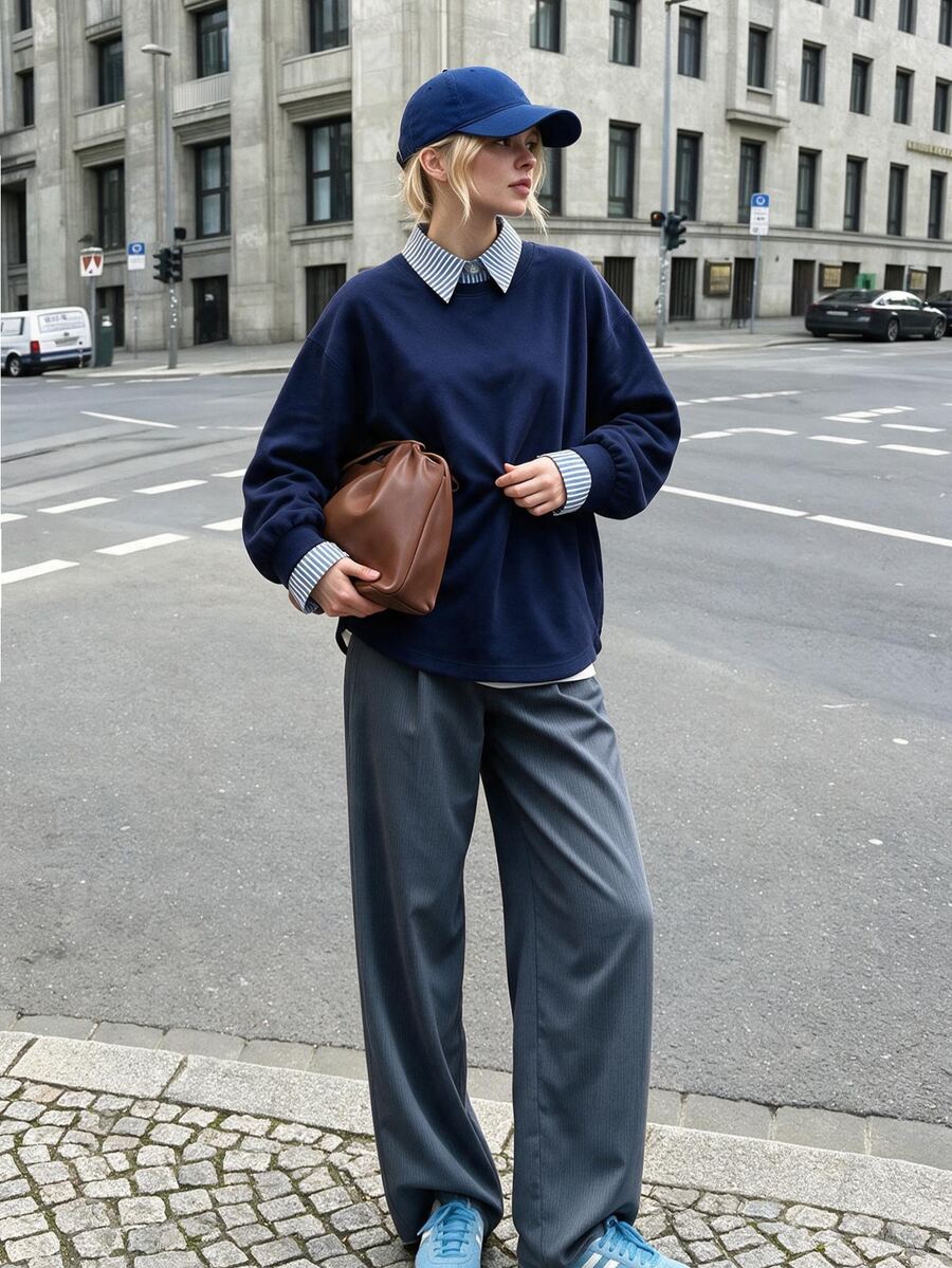 Struktiv Casual Striped Collar Mock Layered Sweatshirt Oversized Long Sleeve Pullover Top For Women - Navy Blue - View 1