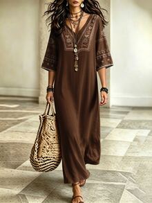 Glimmora Women's V-Neck Casual Party Dress - Brown - View 4