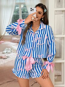 SweetSlumber Sweet Cute INS Striped Bow Contrast Color Open Front Long Sleeve Shorts Women's Pajama Set - Multicolor - View 5