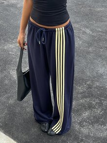 SHEIN EZwear 海軍藍針織女款側條紋抽繩腰運動長褲 - 藏蓝色 - 查看 7