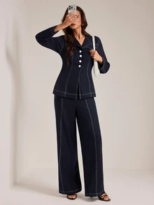 SHEIN Tall Women's Single-Breasted Long Sleeve Blazer And Pants Suit Set - Navy Blue - View 5