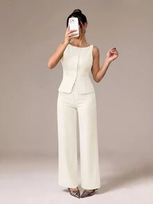 SHEIN PETITE 女款純色圓領單排扣背心與長褲優雅通勤套裝，夏秋服飾套組，辦公室穿著商務休閒兩件式 - 米色 - 查看 1