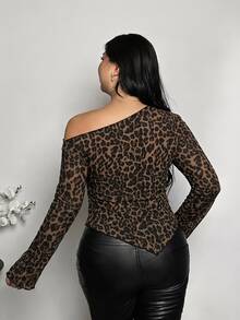 Firerie Vintage Leopard Print Asymmetrical Hem And Shoulder Pleat Design, Suitable For Autumn/Winter Wear, Plus Size Autumn T-Shirt - Multicolor - View 2