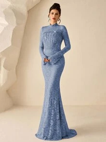Coutiva 女款蕾絲美人魚下擺高級晚禮服，優雅奢華雞尾酒洋裝 - 霧霾藍 - 查看 7