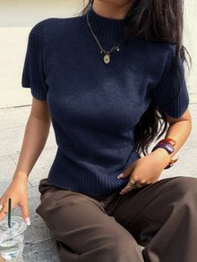 Siren Gaze 女款純色高領短袖羊毛針織上衣，四季皆宜 - 藏蓝色 - 查看 3
