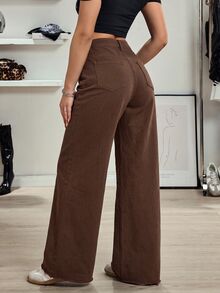 SHEIN Tall 女款鈕扣休閒街頭風百搭直筒牛仔褲，日常與夜生活適用，咖啡棕色，夏季 - 棕色 - 查看 2