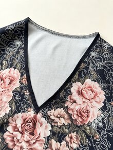 SHEIN 秋季優雅度假長袖花卉印花女式襯衫，派對聚會購物通勤女式上衣 - 藍色 - 查看 6