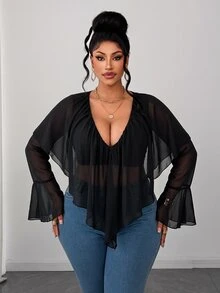 Maweii Plus Size French Sexy Vacation Sexy V-Neck Ruffle Blouse - Black - View 4