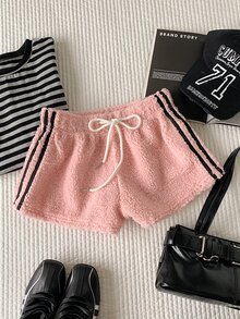 Comfortcana Women's Winter Comfortable Plush Striped Drawstring Waist Shorts - Pink - View 5