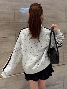 FRIFUL Women's Polka Dot Print Zip-Up Casual Loose Fit Sweatshirt Fall - Grey - View 2