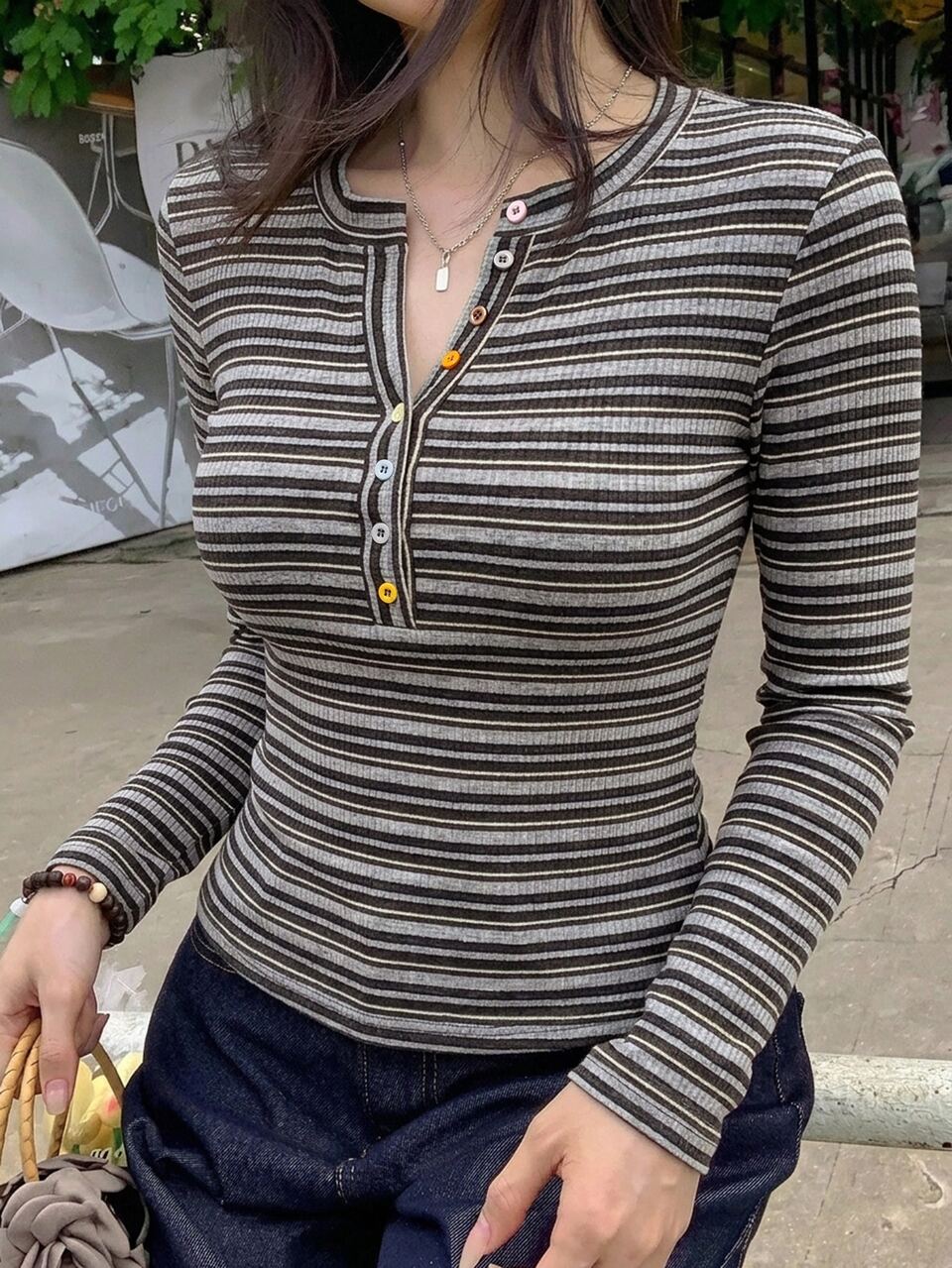 Fall Black, White, Grey Striped Patchwork Rainbow Colorful Button Decor Slim Fit Casual Streetwear Long Sleeve Women's T-Shirt School