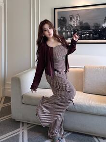 Vibekara Plus Size Solid Color Knit Cardigan, Striped Top With Slim Fit And Drawstring Detail, Elegant Casual Commute Daily Wear, Autumn Essential - Brown - View 4