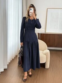 Easowa Women'sfall/Winter Dress Casual Commute Business Navy Blue Dress Winter Elegant Dress Work Office Business Outfits For Women - Blue and White - View 3