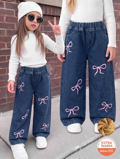 SHEIN Pantaloni lungi largi pentru fete, stil cowgirl, din denim bleumarin cu model cu funde roz, căptușiți cu fleece, pentru toamnă/iarnă