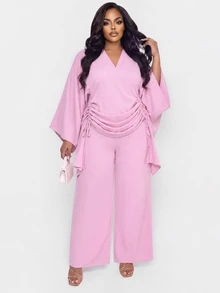 Poshavie Poshavie طقم نسائي فاخر عصري بمقاسات كبيرة، قطعتان بتصميم مريح مع تجاعيد وانسدال وتأثير تنحيف، مناسب للتسوق والتنقل والملابس العملية - وردي - مشاهدة 6
