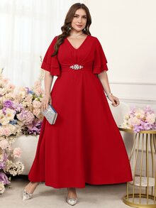 Reflora Plus Size Women's V-Neck Ruffle Short Sleeve Waist Rhinestone Decor Elegant Dress - Red - View 8