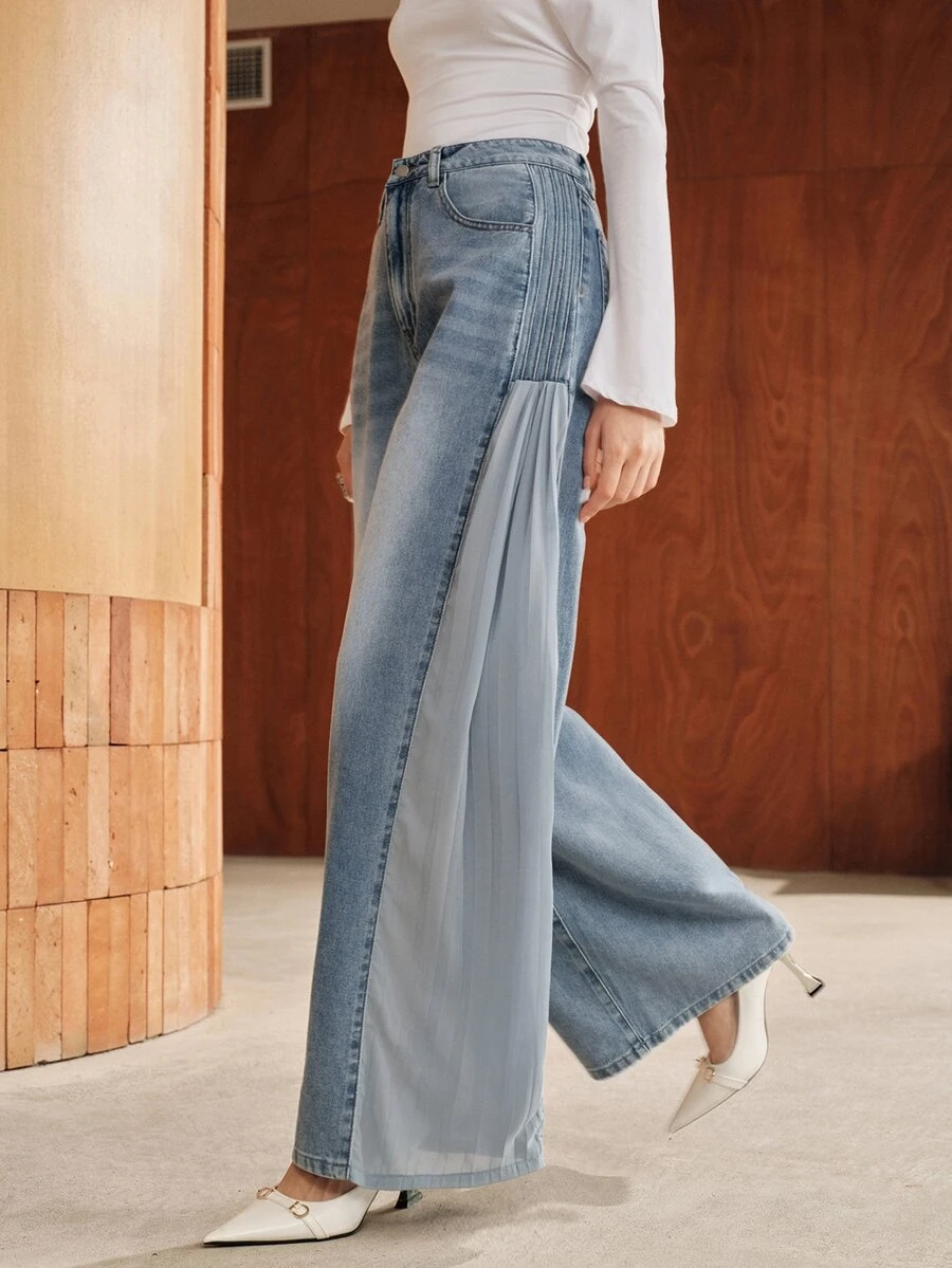 Anewsta Celana Jeans Lurus Biru Chiffon Patchwork Desain Fashion Baru - Biru - View 1