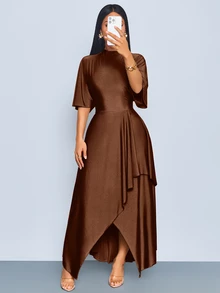 SOLERSUN Women's Summer Autumn Fashion Elegant Sage Green Draped Neck Long Dress With Ruffle Short Sleeves, Cinched Waist And Asymmetrical Ruffle Hem, Suitable For Daily Wear, Dating And Party - Coffee Brown - View 7