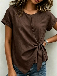 SHEIN Women's Bamboo Knot Texture Round Neck Tie-Up Top, Khaki Color, Summer Style, Casual Elegant, Unique Versatile, Daily & Vacation Wear, Holiday Outdoor Light Gray Top - Brown - View 3
