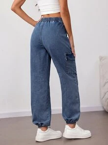 SHEIN Tall 女款腰部綁帶工裝口袋休閒錐腿牛仔褲秋季服飾 - 藍色 - 查看 3