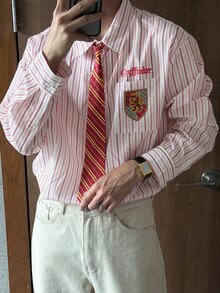 DAZY 男士紅色條紋長袖襯衫附領帶，春秋通勤學院風 - 紅色 - 查看 7