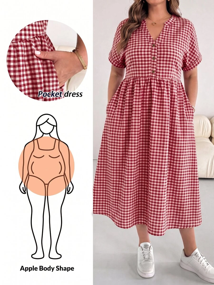 SHEIN Essnce 大尺碼女款春夏時尚休閒寬鬆舒適日常百搭顯瘦粉色格紋V領短袖中長洋裝,附口袋,度假洋裝,夏季粉色洋裝,大尺碼可愛服飾,極簡風格,亮色洋裝 - 紅白色 - 查看 1