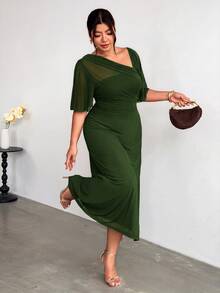 Firerie Plus Size Asymmetrical Neckline Pleated Dress - Olive Green - View 6
