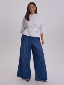 MUSERA Atasan Putih Ukuran Besar dengan Detail Ikat Pinggang, Pakaian Kasual Wanita Musim Dingin dan Gugur - Putih - View 2