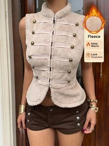 SHEIN EZwear 女款鉚釘裝飾休閒百搭日常夾克 - 卡其色 - 查看 7