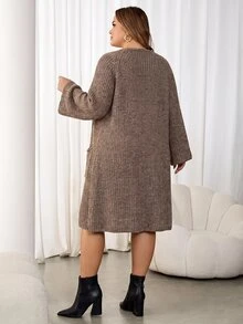 SHEIN CURVE+ Plus Size Women's Sweater Dress With Pockets, Suitable For Autumn/Winter - Brown - View 2