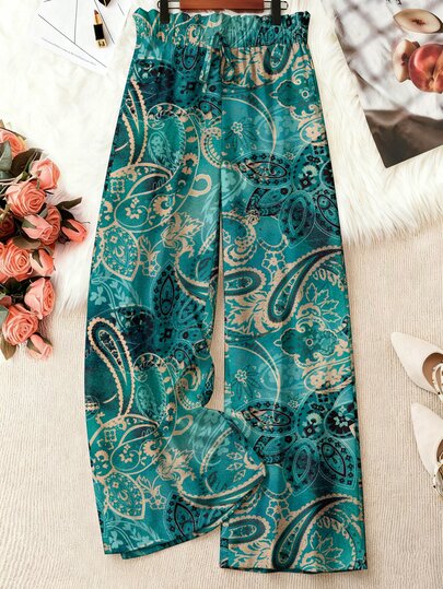 Breezaya Celana Panjang Wanita Ukuran Besar Motif Bunga Minimalis Kasual Serbaguna dengan Potongan Lebar, Cocok untuk Liburan, Celana Panjang Tenun, Celana Ukuran Besar, Celana Panjang Wanita Ukuran Besar