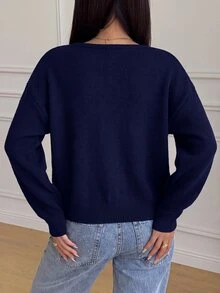 SHEIN 青少年女孩針織毛衣，休閒星星圖案海軍藍，簡約時尚，適合日常穿著，秋冬季 - 藏蓝色 - 查看 2