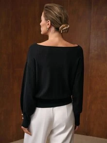 MOTF PREMIUM WOMEN'S BLACK KNIT SWEATER, ELEGANT FOR DATING AND COMMUTING, AUTUMN/WINTER - Black - View 6