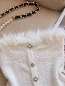 INAWLY Women's Solid Color Rhinestone Decor Patchwork Fur Fashion Bandeau Top - White - View 5