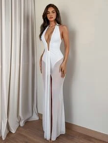 SHEIN Glamour 白色掛脖深V領網紗開衩長洋裝，抓皺露背緊身洋裝，適合晚宴、夜店、派對、海灘度假、萬聖節穿搭，夏季婚禮賓客性感洋裝 - 白色 - 查看 5