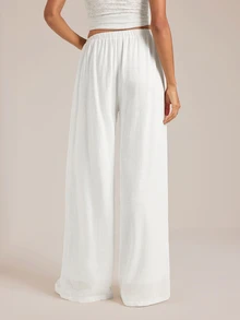 SHEIN Tall بنطلون طويل من الكتان الأبيض بلون موحد بخصر منخفض، بنطلون طويل للعطلات والشاطئ، بنطلون طويل فضفاض من الكتان الأبيض، مناسب للربيع والصيف والخريف والشتاء - أبيض - مشاهدة 2