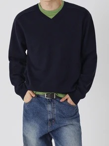 DAZY Autumn/Winter Navy Blue Solid V-Neck Ribbed Hem And Cuff Korean Style Men's Sweater - Navy Blue - View 1