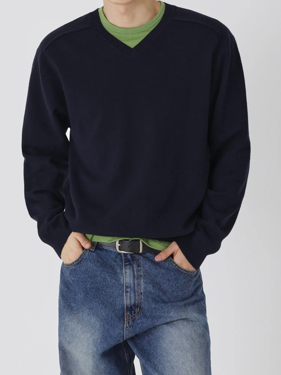 DAZY Autumn/Winter Navy Blue Solid V-Neck Ribbed Hem And Cuff Korean Style Men's Sweater - Navy Blue - View 1